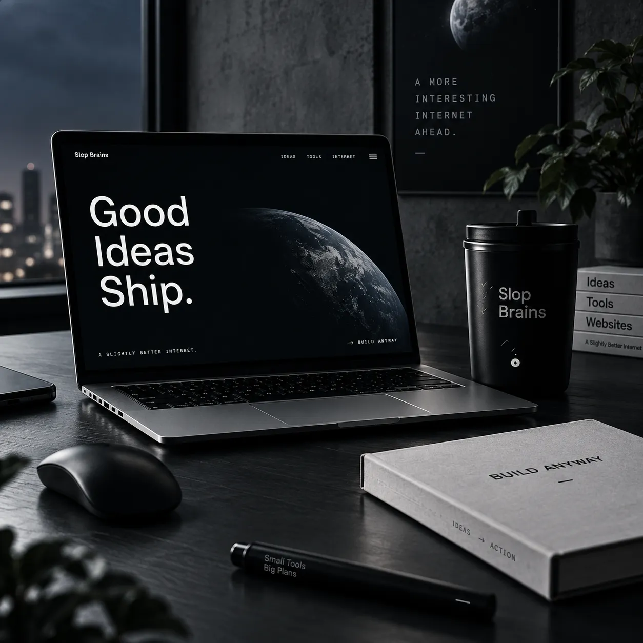 Laptop on a desk with the words Good Ideas Ship