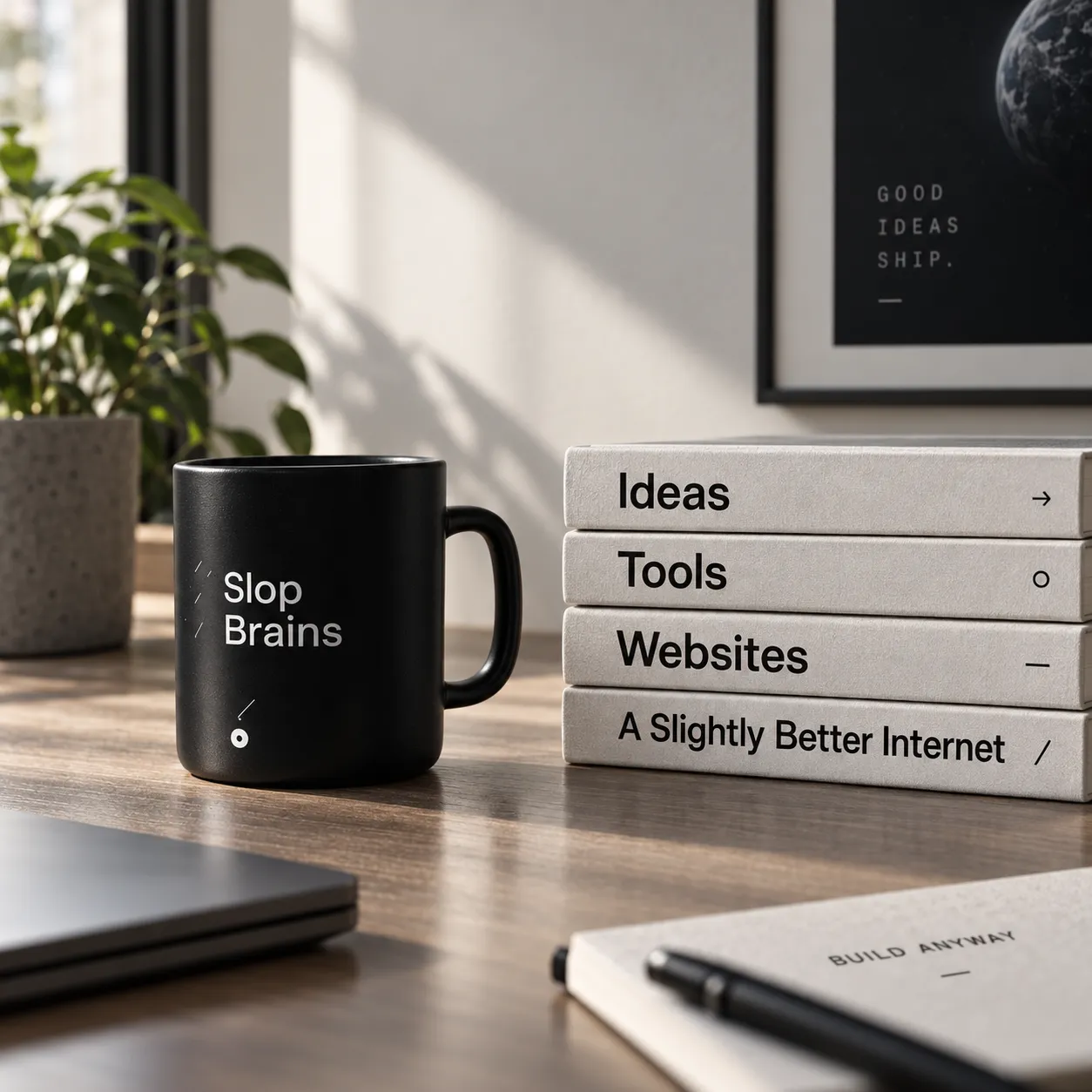 A desk with a laptop, notebook, and coffee